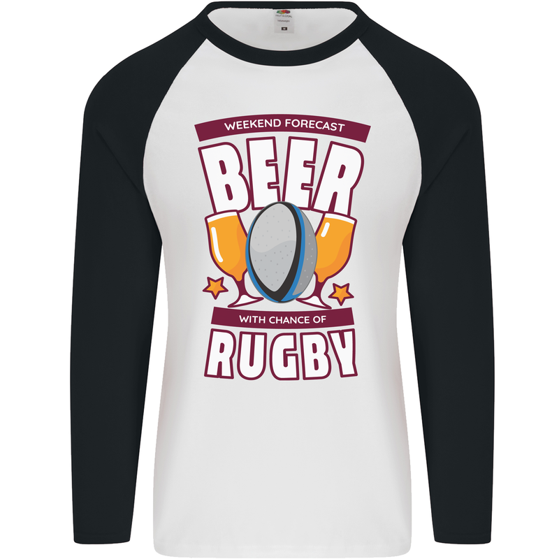 Weekend Forecast Beer Alcohol Rugby Funny Mens L/S Baseball T-Shirt White/Black