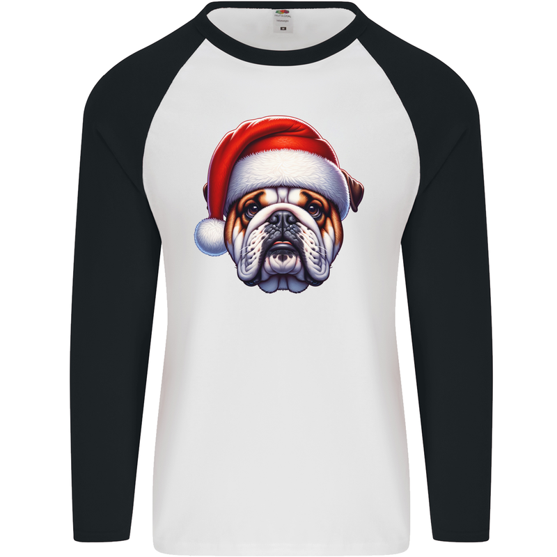 Christmas British Bulldog Xmas Dog Union Jack Mens L/S Baseball T-Shirt White/Black