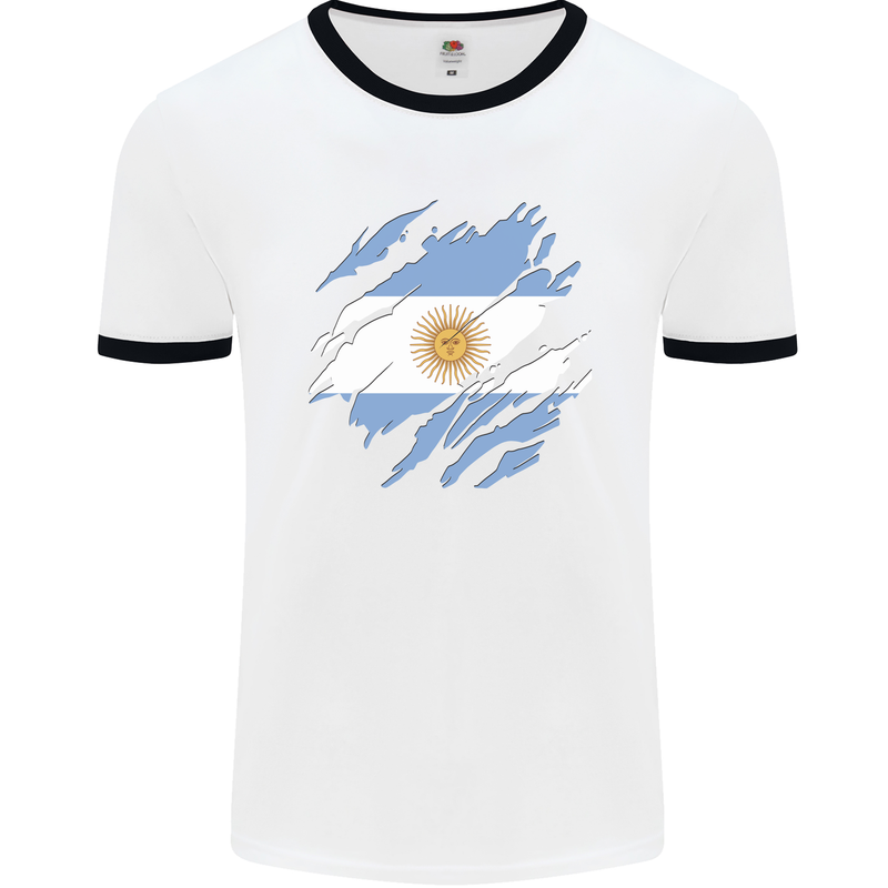 Torn Argentina Flag Argentinian Day Football Mens Ringer T-Shirt White/Black