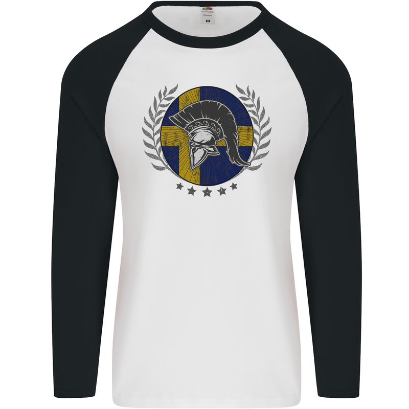 Sweden Bodybuilding Flag Gym Training Swedish Mens L/S Baseball T-Shirt White/Black