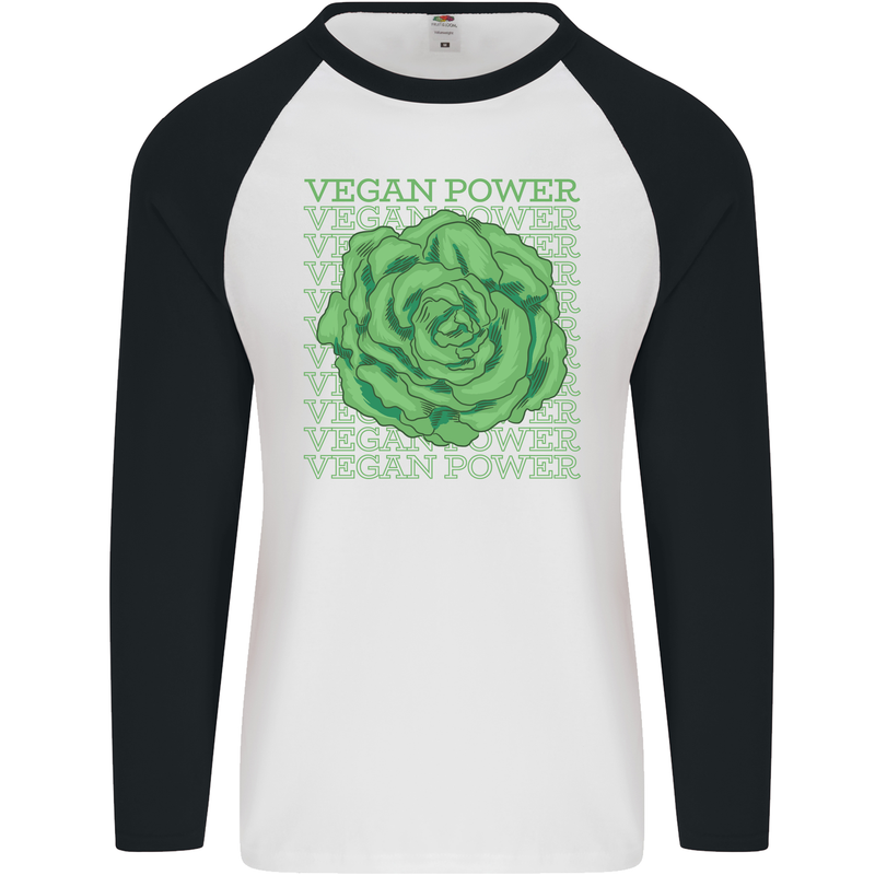 Vegan Power Mens L/S Baseball T-Shirt White/Black