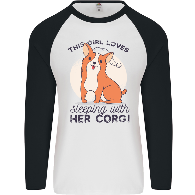 Sleeping With Her Corgi Funny Mens L/S Baseball T-Shirt White/Black