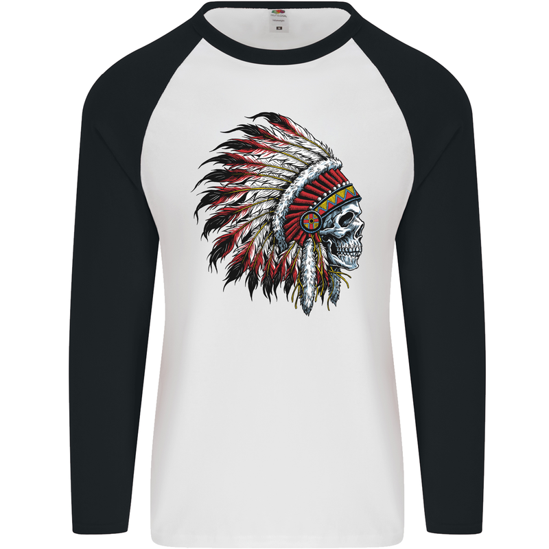 Indian Skull Headdress Biker Motorbike Mens L/S Baseball T-Shirt White/Black