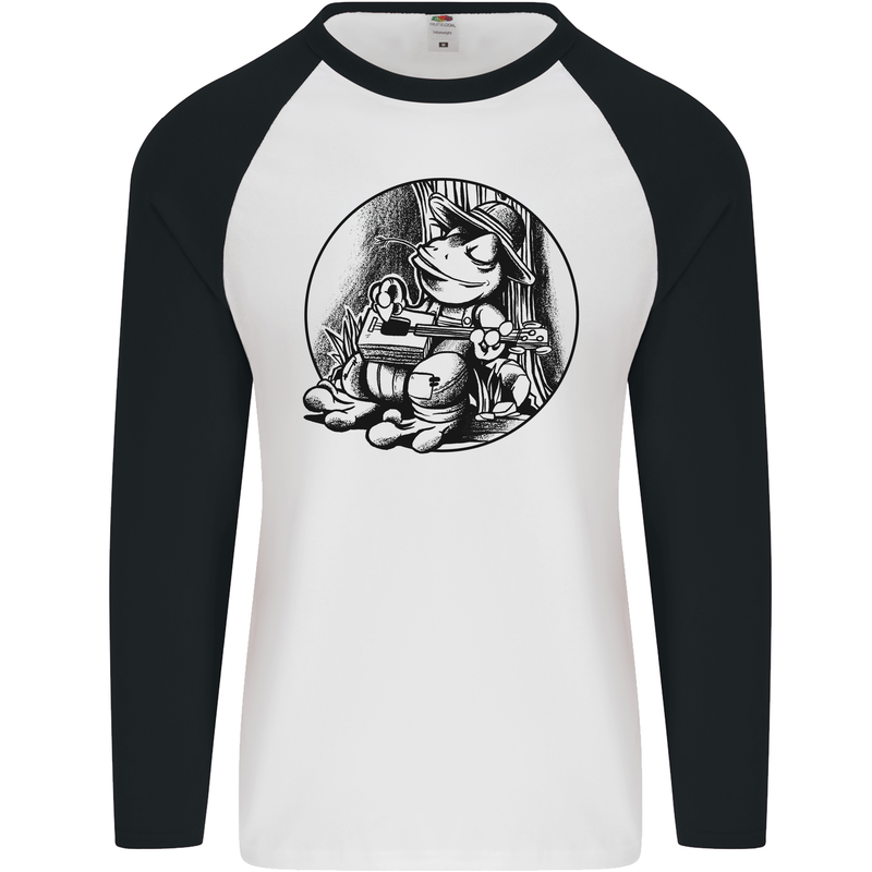 A Chilled Frog Playing the Guitar Guitarist Mens L/S Baseball T-Shirt White/Black