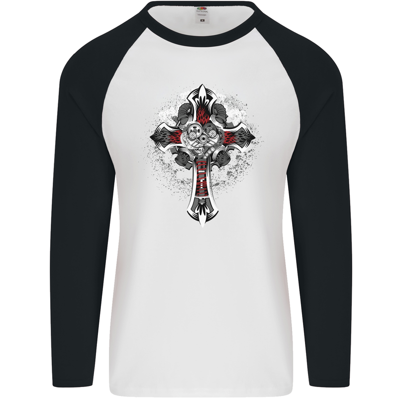 Steampunk Cross Gothic Heavy Metal Biker Mens L/S Baseball T-Shirt White/Black