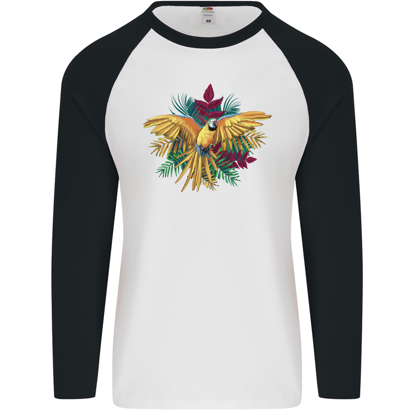 Maacaw Parrot In the Jungle Mens L/S Baseball T-Shirt White/Black
