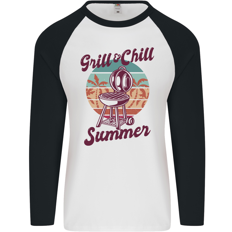 Chill & Grill Funny Summer BBQ Braai Mens L/S Baseball T-Shirt White/Black