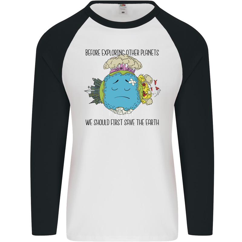 Save the Earth Climate Change Environment Mens L/S Baseball T-Shirt White/Black