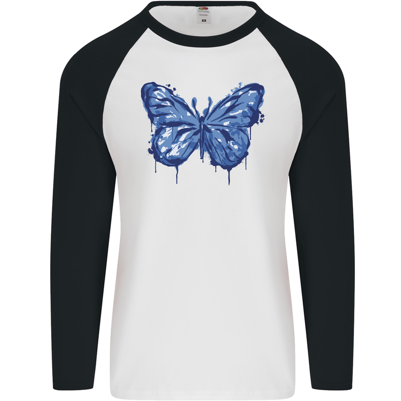 Dripping Blue Butterfly Rhopalocera Mens L/S Baseball T-Shirt White/Black