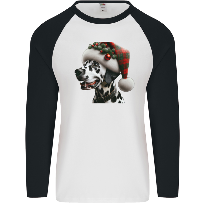 Christmas Dalmatian Dog Wearing a Xmas Hat Mens L/S Baseball T-Shirt White/Black