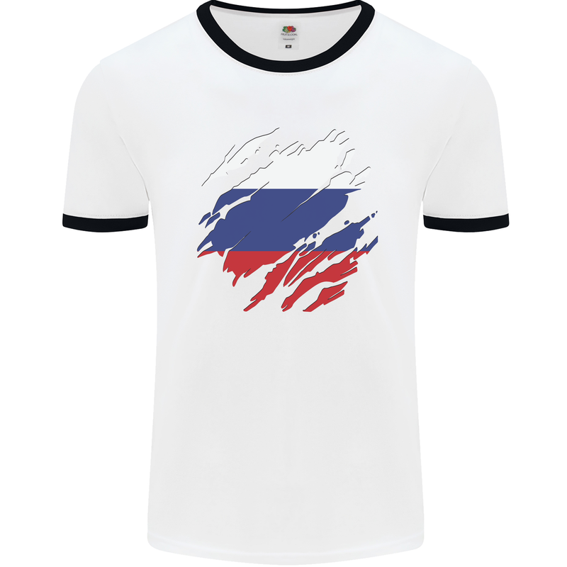 Torn Russia Flag Russian Day Football Mens Ringer T-Shirt White/Black