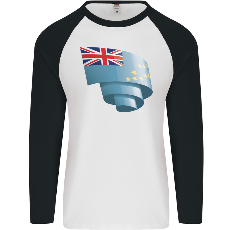 Curled Tuvalu Flag Tuvaluan Day Football Mens L/S Baseball T-Shirt White/Black