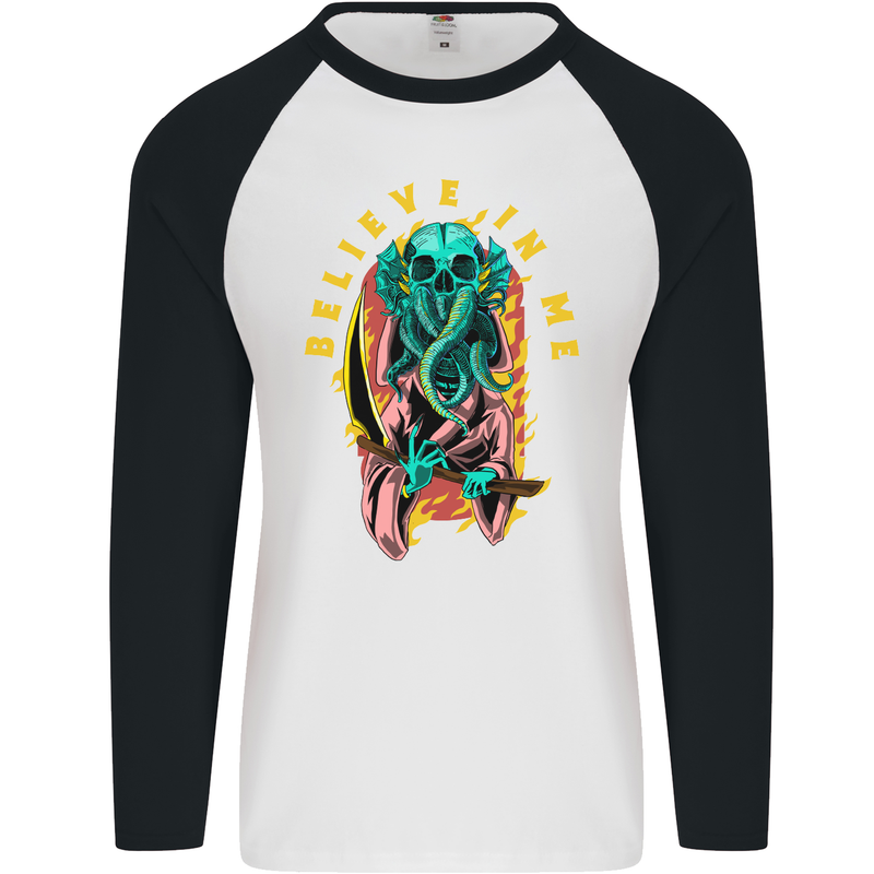 Cthulhu Believe in Me Octopus Kraken Skull Mens L/S Baseball T-Shirt White/Black