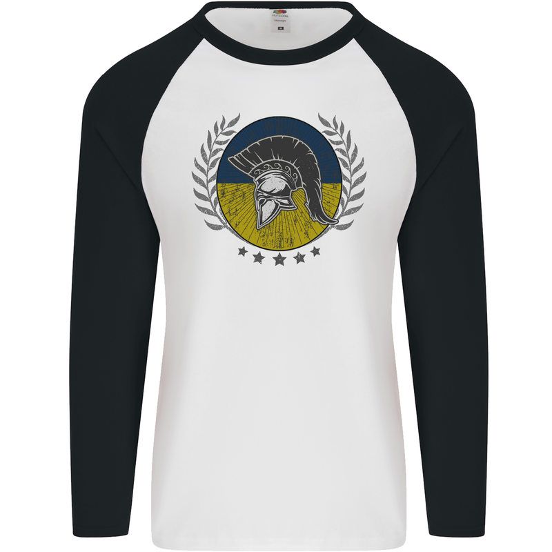 Ukraine Bodybuilding Flag Gym Training Spartan Mens L/S Baseball T-Shirt White/Black