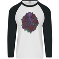 Octopus Skull Cthulhu Kraken With Roses Mens L/S Baseball T-Shirt White/Black