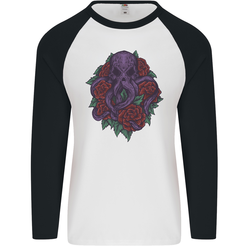 Octopus Skull Cthulhu Kraken With Roses Mens L/S Baseball T-Shirt White/Black