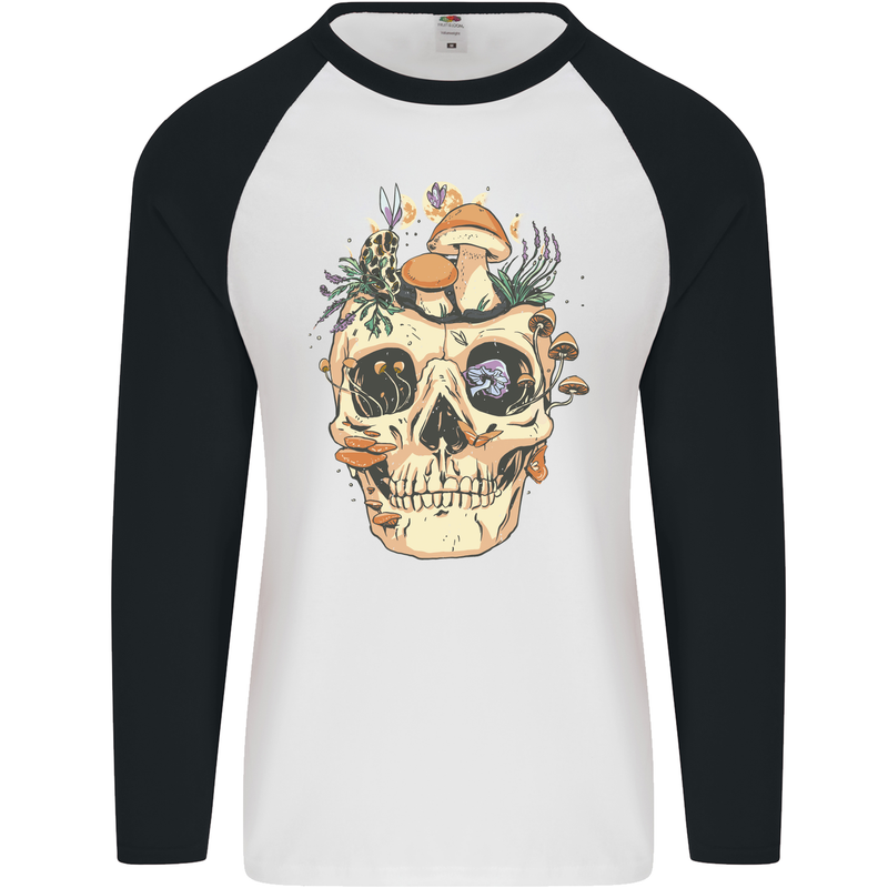 Mushroom Skull Nature Ecology Toadstool Mens L/S Baseball T-Shirt White/Black