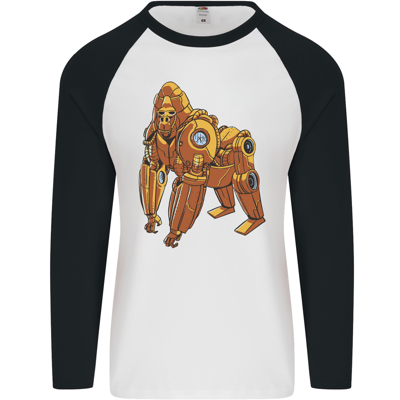 A Steampunk Gorilla Ape Mens L/S Baseball T-Shirt White/Black