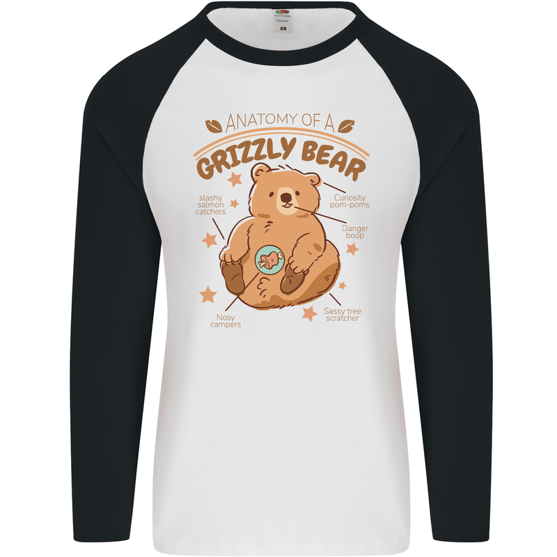Anatomy of a Grizzly Bear Mens L/S Baseball T-Shirt White/Black