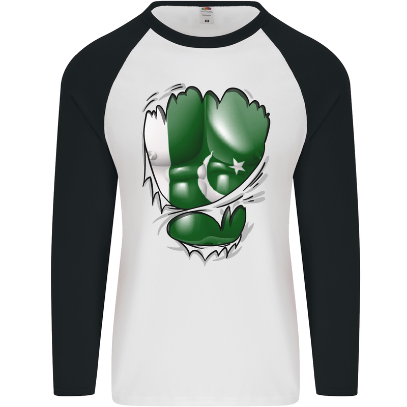 Gym The Pakistan Flag Ripped Muscles Effect Mens L/S Baseball T-Shirt White/Black