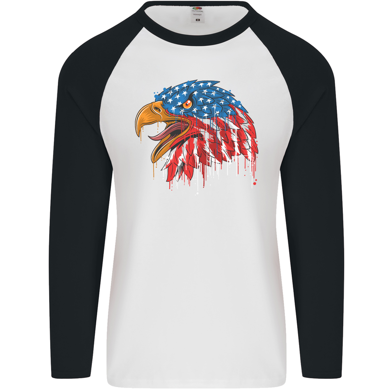American Eagle USA Flag July 4th Mens L/S Baseball T-Shirt White/Black
