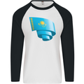 Curled Kazakhstan Flag Kazakh Day Football Mens L/S Baseball T-Shirt White/Black