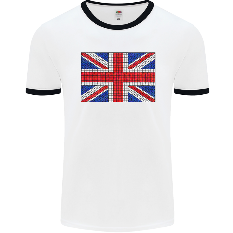 Mosaic Union Jack Flag Great Britain UK Mens Ringer T-Shirt White/Black