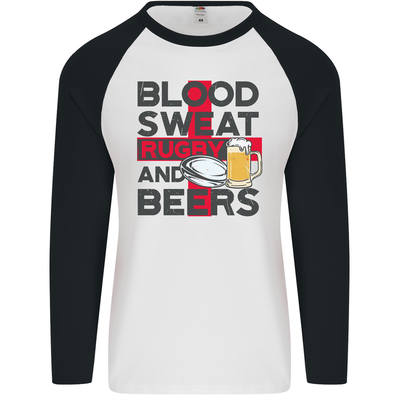 Blood Sweat Rugby and Beers England Funny Mens L/S Baseball T-Shirt White/Black