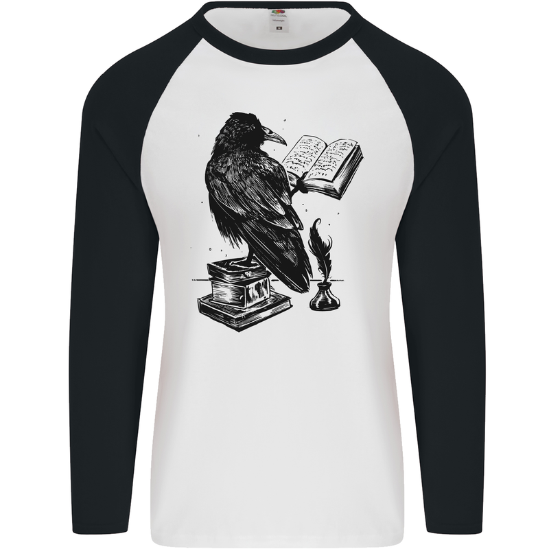 A Raven Reading a Book Literature Mens L/S Baseball T-Shirt White/Black