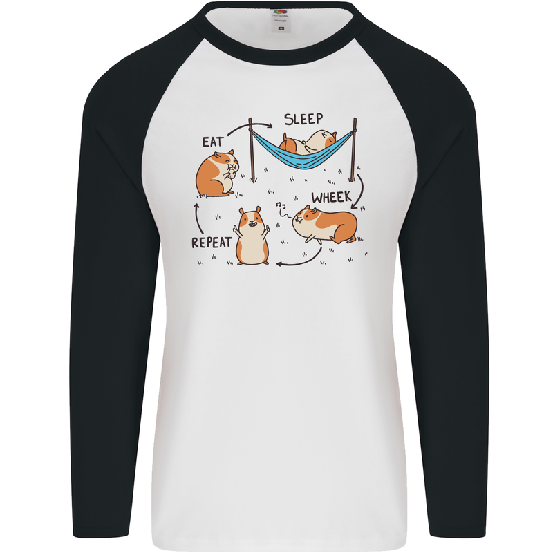Hamster Eat Sleep Wheek Repeat Funny Mens L/S Baseball T-Shirt White/Black