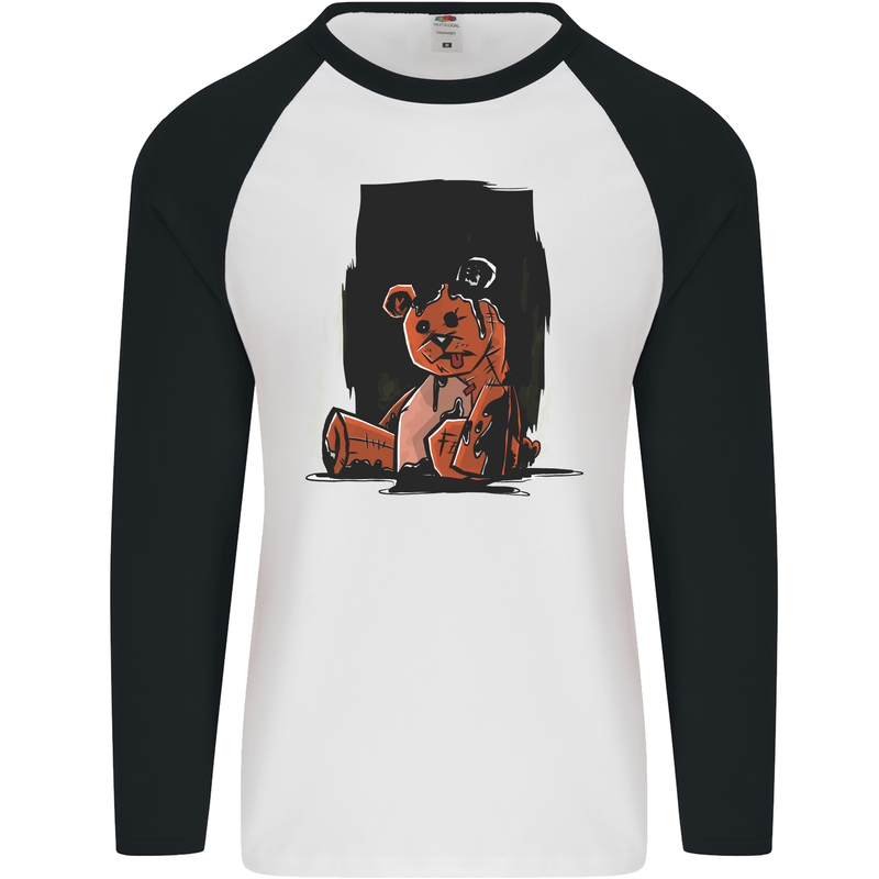 A Zombie Teddy Bear Halloween Mens L/S Baseball T-Shirt White/Black