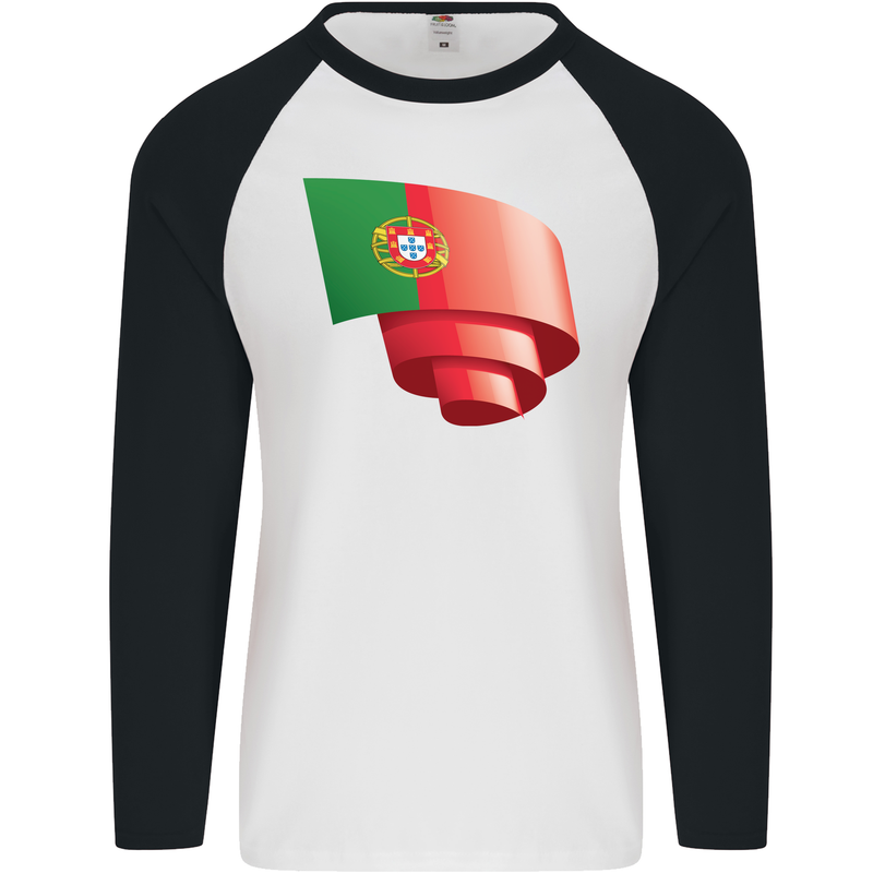 Curled Portugal Flag Portugese Day Football Mens L/S Baseball T-Shirt White/Black