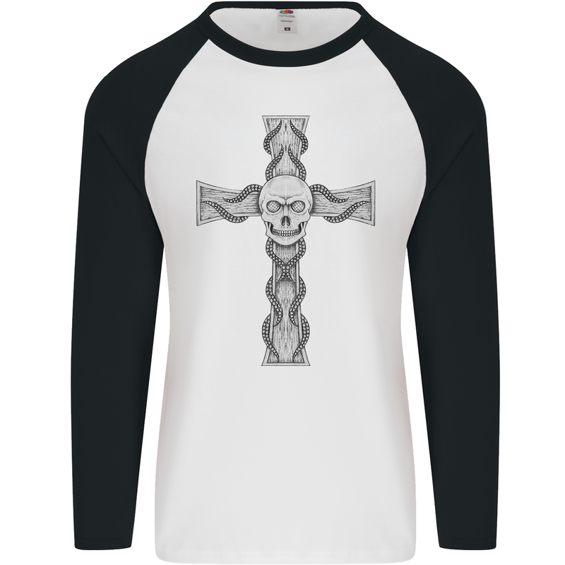 A Gothic Skull and Tentacles on a Cross Mens L/S Baseball T-Shirt White/Black