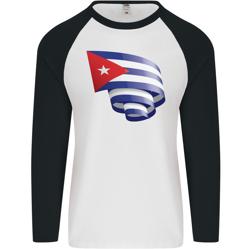 Curled Cuba Flag Cuban Day Football Mens L/S Baseball T-Shirt White/Black