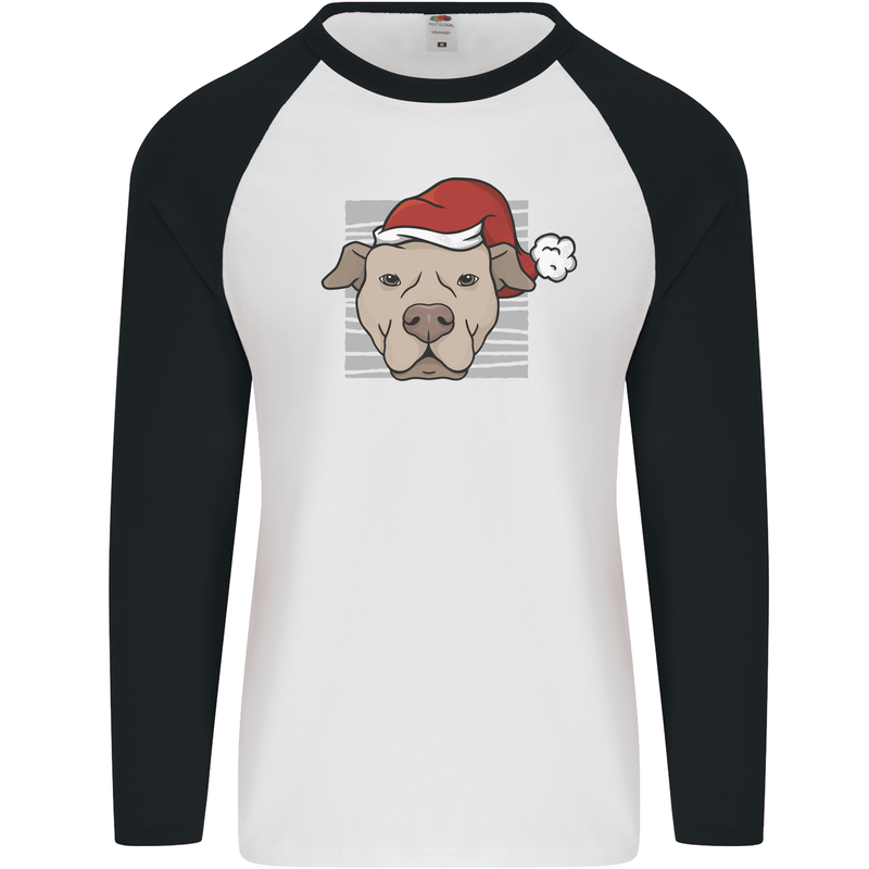 Christmas Pitbull Dog Wearing Xmas Hat Mens L/S Baseball T-Shirt White/Black