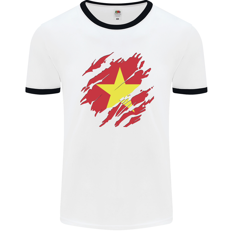 Torn Vietnam Flag Vietnamese Day Football Mens Ringer T-Shirt White/Black