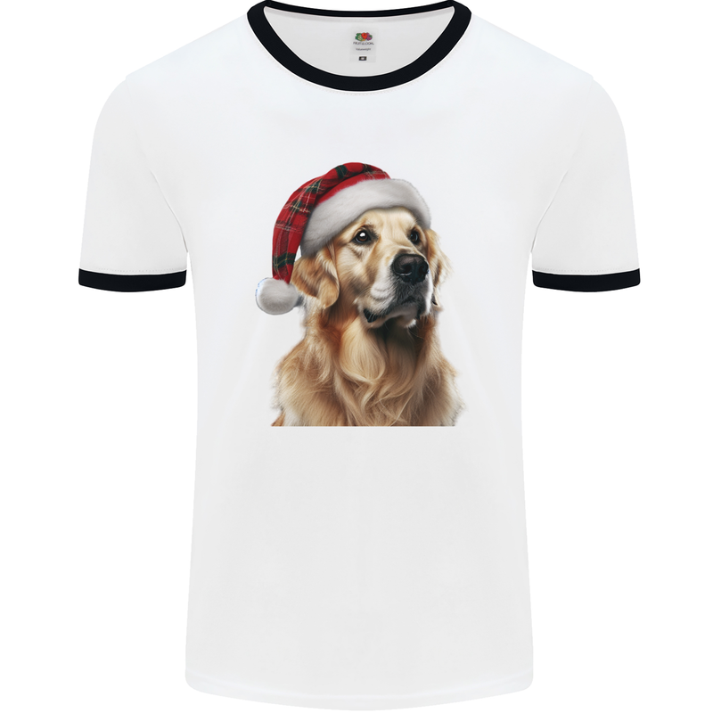 Christmas Golden Retriever Tartan Xmas Hat Dog Mens Ringer T-Shirt White/Black