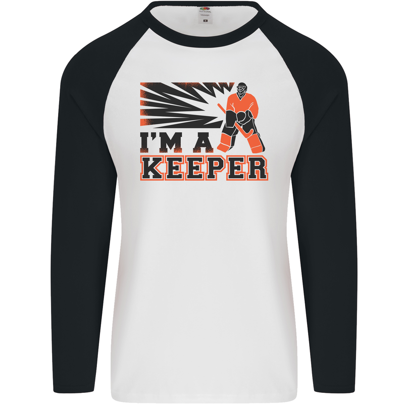 Hockey I'm a Keeper Funny Ice Street Mens L/S Baseball T-Shirt White/Black