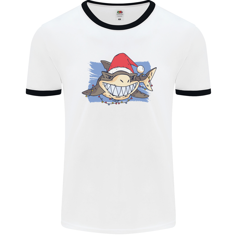 A Christmas Shark Wearing an Xmas Hat Mens Ringer T-Shirt White/Black