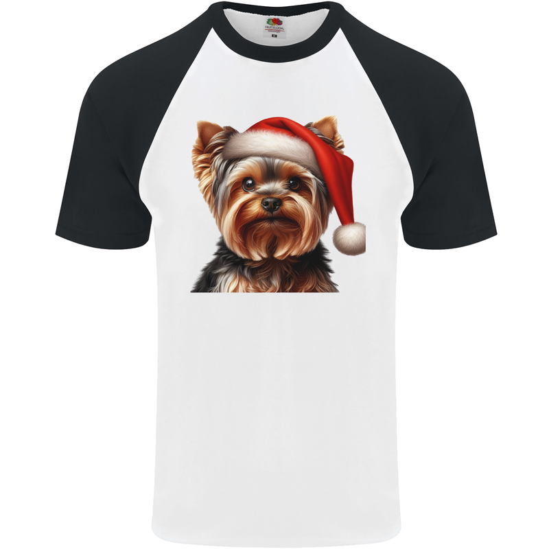 Christmas Yorkshire Terrier Dog Xmas Yorkie Mens S/S Baseball T-Shirt White/Black