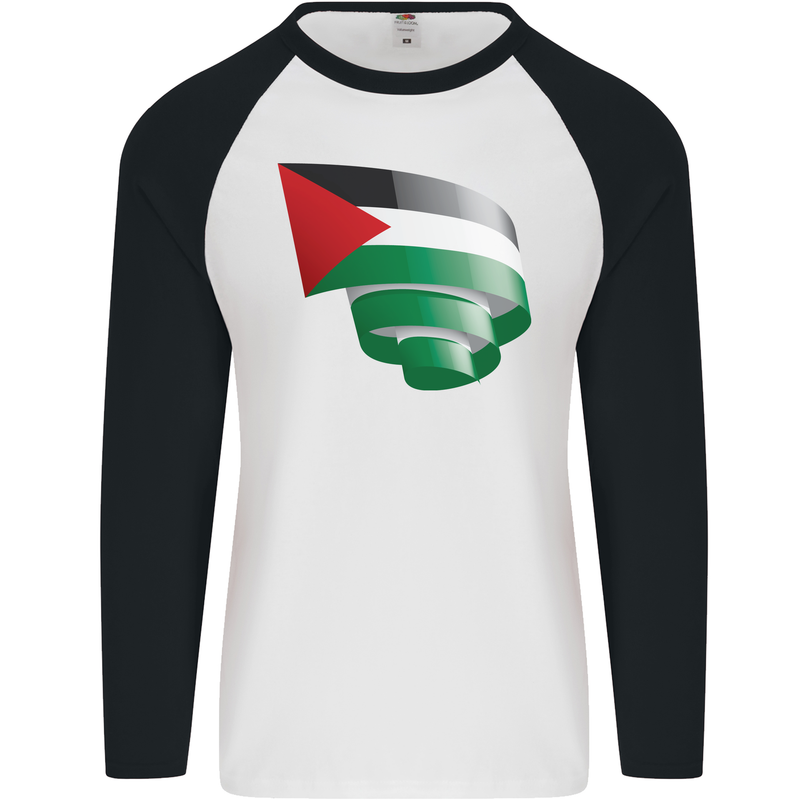 Curled Palestine Flag Palestinian Day Football Mens L/S Baseball T-Shirt White/Black