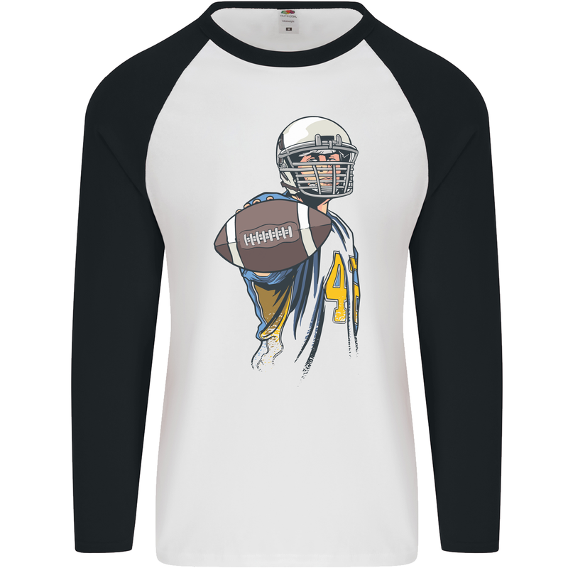 American Football Player Holding a Ball Mens L/S Baseball T-Shirt White/Black