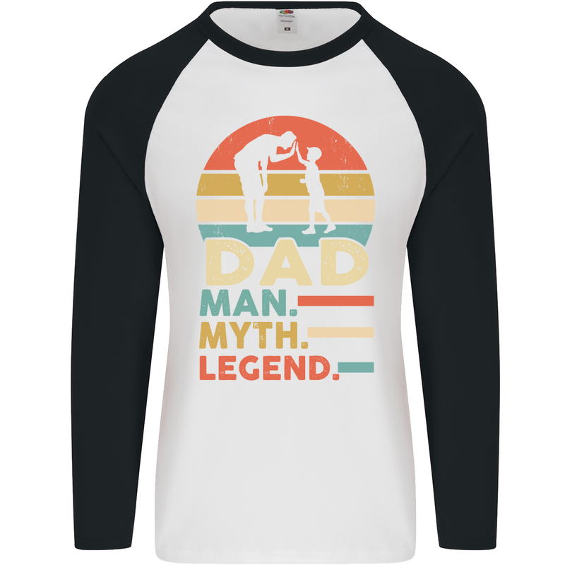 Dad Man Myth Legend Funny Fathers Day Mens L/S Baseball T-Shirt White/Black