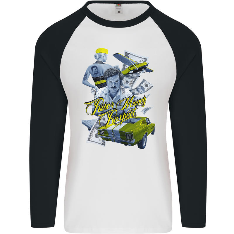 Pablo Escobar Power Money Respect Mens L/S Baseball T-Shirt White/Black