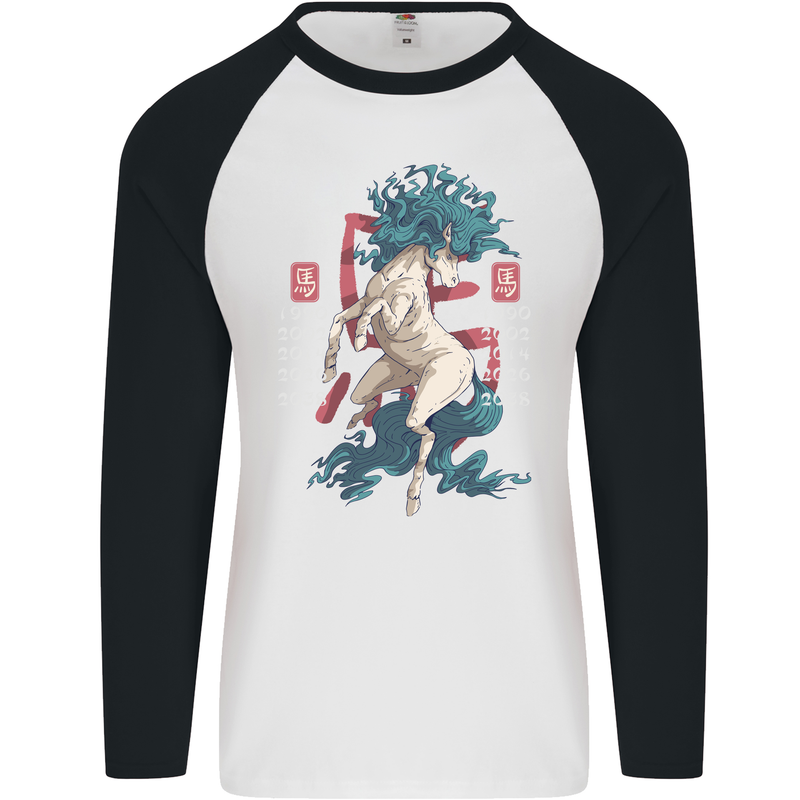 Chinese Zodiac Shengxiao Year of the Horse Mens L/S Baseball T-Shirt White/Black