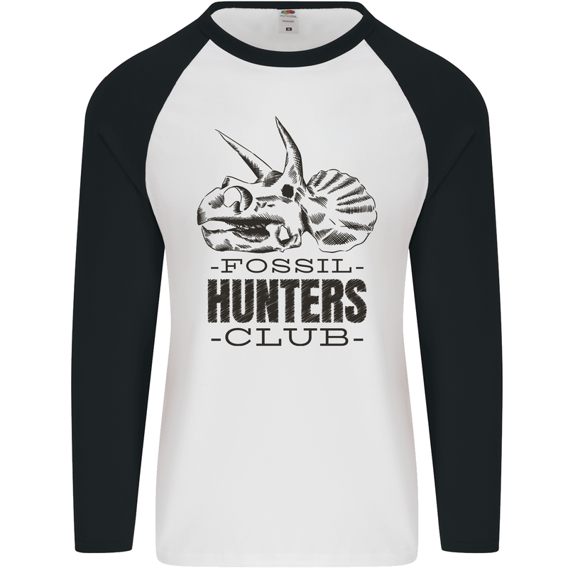 Fossil Hunters Club Paleontology Dinosaurs Mens L/S Baseball T-Shirt White/Black