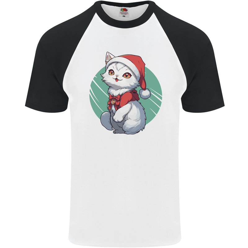 Christmas Cat With Green Background Mens S/S Baseball T-Shirt White/Black