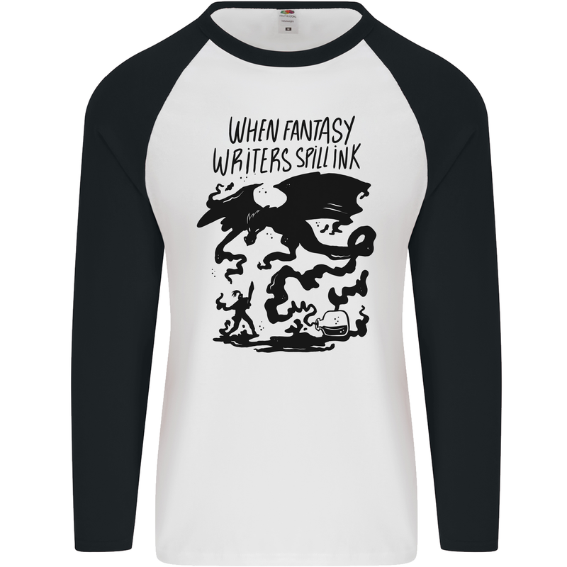 Fantasy Writer Author Novelist Dragons Mens L/S Baseball T-Shirt White/Black