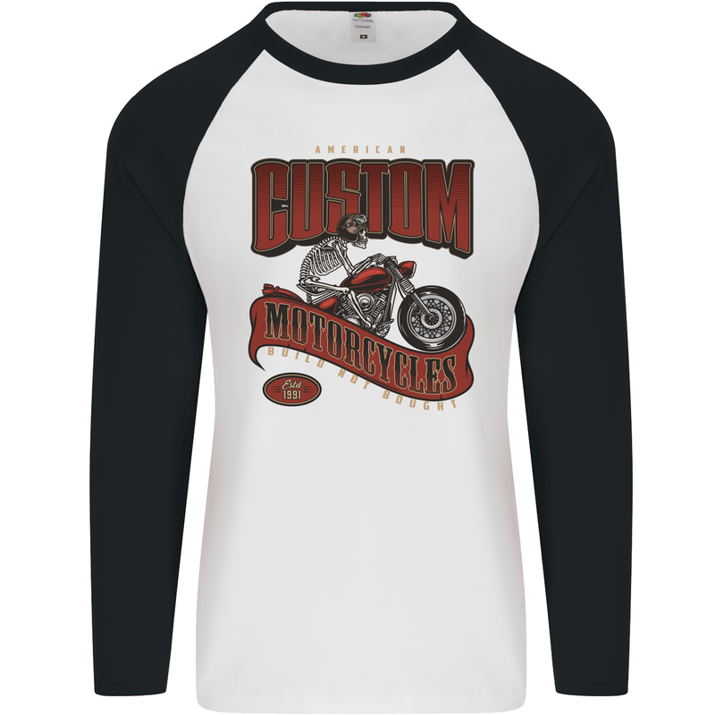 American Custom Motorcycles Biker Motorbike Mens L/S Baseball T-Shirt White/Black