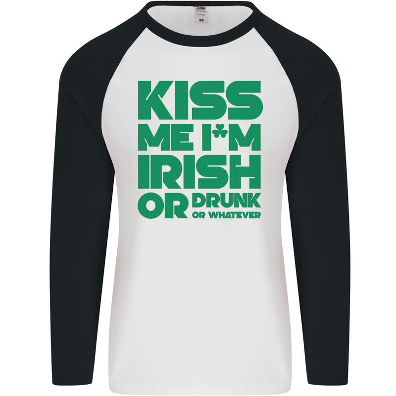 Kiss Me I'm Irish or Drunk St Patricks Day Mens L/S Baseball T-Shirt White/Black